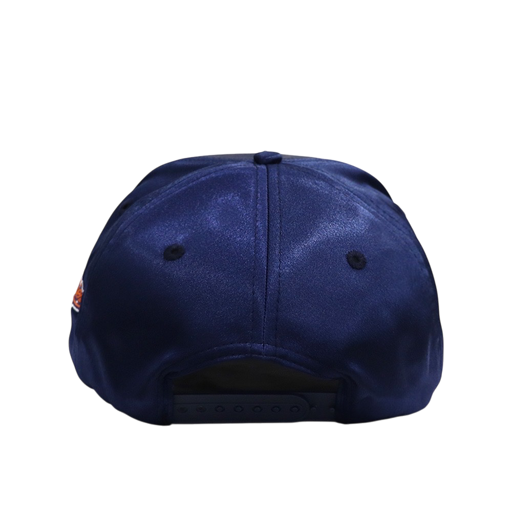 EXTERNAL HERITAGE Morgan satin snapback cap in navy blue with an adjustable plastic strap back closure
