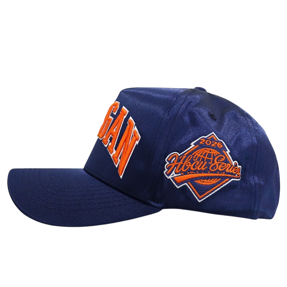 EXTERNAL HERITAGE Morgan satin snapback hat in navy blue with orange embroidery and 2026 HBCU Series side patch