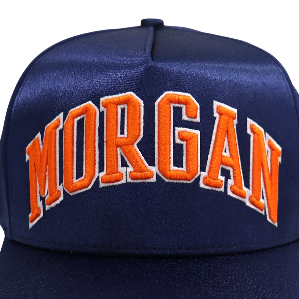 EXTERNAL HERITAGE Morgan satin snapback cap in navy blue with orange embroidered lettering