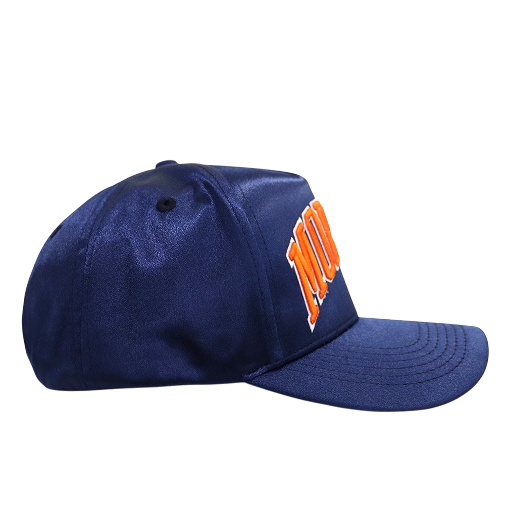 EXTERNAL HERITAGE Morgan satin snapback hat in navy blue with orange embroidered lettering and adjustable strap